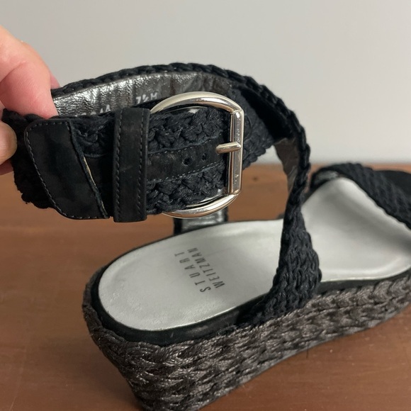Stuart Weitzman Alex lo Wedge Espadrille Strappy Sandals Size 7.5 Black Woven - Picture 4 of 14